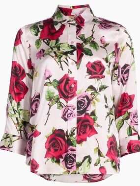 L'AGENCE Pink Rose Print Silk Button-Up Blouse